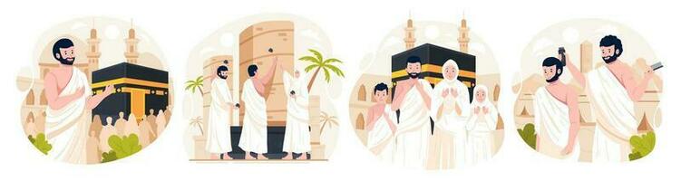 illustration uppsättning av islamic hajj pilgrimsfärd. muslim människor utför islamic hajj pilgrimsfärd. man och kvinna hajj tecken ha på sig Ihram kläder med en kaaba bakgrund. vektor illustration