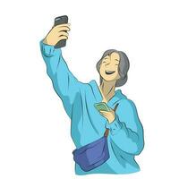 Linie Kunst Frau im Blau Hemd nehmen Selfie Illustration Vektor Hand gezeichnet isoliert auf Weiß Hintergrund