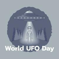 einfarbig Poster mit ein fliegend Untertasse und ein Außerirdischer. Postkarte, drucken, runden Abzeichen zum International UFO Tag. UFO fliegend im das Himmel. Vektor Illustration.