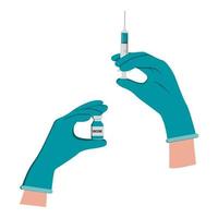 Arzthandschuh mit Spritze mit Nadelschuss für Injektionsfläschchen Medizin mit Spritze und Ampulle mit Impfstoff oder Medizin vektor