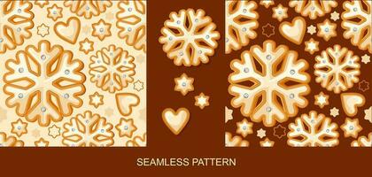 pepparkaka mönster, två Färg alternativ, med de bild av snöflingor och hjärtan, för ny år, jul. ikon. förpackning, tapet vektor