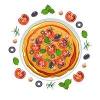 frisch Marinara Pizza mit verschiedene Zutaten. oben Aussicht ganze Pizza mit Tomaten, Oliven, Basilikum und Käse. Italienisch Pizza. Vektor Illustration