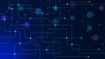 global kommunikation teknologi med ansluta rader och prickar. abstrakt geometrisk krets styrelse och hexagoner mönster. stor data visualisering, global nätverk förbindelse bakgrund. vektor illustration.