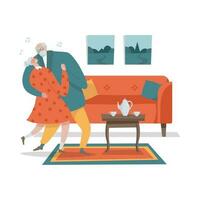 glücklich Senior Paar Tanzen beim Zuhause im Jahrgang gemütlich Innere von leben Zimmer. eben Hand gezeichnet Vektor Illustration