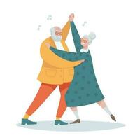 traditionell äldre par dans till musik tillsammans. leende senior man och kvinna dansa, aktiva gammal farfar och mormor dansare på datum. tecknad serie platt vektor hand dragen illustration.