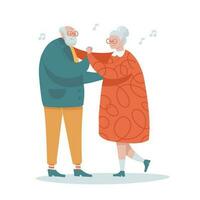 senior par dansa. äldre människor romantisk datum begrepp. Lycklig gammal män och kvinnor omfamnar, innehav händer medan dans. gammal tecken dejting och dans. platt tecknad serie vektor illustration
