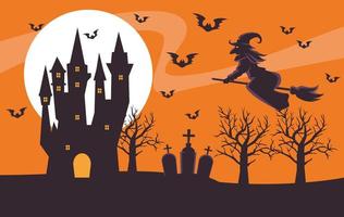 glückliche halloween-karte mit hexe, die in besen und schloss fliegt vektor