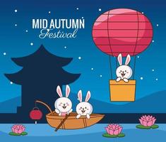 Mitte Herbstfestkarte mit kleinen Kaninchen im Boot und Ballonluft heiß vektor