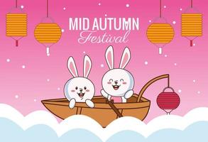 Mitte Herbstfeierkarte mit kleinen Kaninchenpaaren im Boot über Wolken vektor