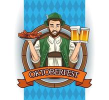 Oktoberfest-Feierkarte mit deutschem Mann, der Bier und Würstchen anhebt vektor