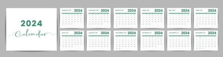 monatlich Schreibtisch Kalender Vorlage zum 2024 Jahr. Woche beginnt auf Sonntag. Mauer Kalender 2024 im ein minimalistisch Stil, einstellen von 12 Monate, Planer, Drucken Vorlage, Büro Veranstalter Vektor. vektor