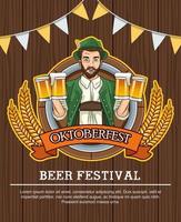fröhliche oktoberfest-feierkarte mit deutschem mann, der bier im holzhintergrund trinkt vektor
