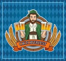 fröhliche oktoberfestfeierkarte mit deutschem mann, der bier und flagge trinkt vektor