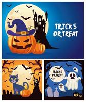 halloween-tricks eller behandla bokstäver med slott och spöken flytande scener vektor