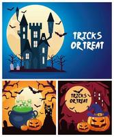 halloween-trick eller behandla bokstäver med kittel och pumpor i slottscener vektor