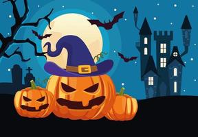 Happy Halloween-Karte mit Schloss und Kürbissen vektor