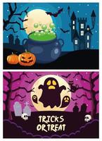 Halloween-Tricks oder Leckereien-Schriftzüge mit Geistern und Burgszenen vektor