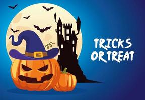 Halloween-Tricks oder Leckereien-Schriftzug mit Schloss und Kürbis vektor