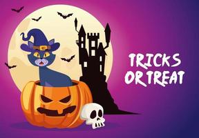 Halloween-Tricks oder Leckerei-Schriftzug mit Schloss und kleiner Katze im Kürbis vektor
