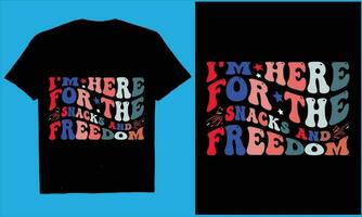 jag är här för de snacks och frihet 4:e juli t-shirt, retro vågig, flagga, oss, typografi vektor
