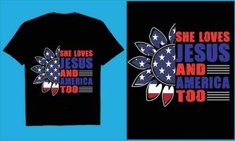 hon förälskelser Jesus och Amerika för 4:e juli t-shirt, vektor, flagga, oss, typografi vektor