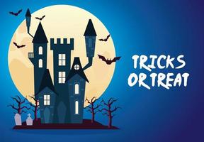 Halloween-Tricks oder Leckereien-Schriftzug mit Schloss-Nachtszene vektor