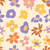 groovig ästhetisch Floers nahtlos Muster. Frühling oder Sommer- Stimmung Hintergrund. süß retro psychedelisch Blumen Hintergrund. retro eben Vektor Design und Karte, Abdeckungen, Paket, Verpackung Papier.