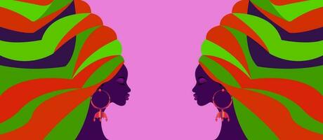 schön bunt Banner von afrikanisch Frauen im traditionell Turban, afrikanisch Kopf wickeln, traditionell schwarz Frau Vektor Silhouette Mode Frisur und Schönheit Konzept Mode Hintergrund