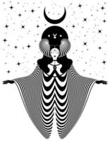 magisk celtic gudinna, prästinna. skön fe- kvinna med horn och lång klänning. gotik häxa wiccan kvinna helig design, magi svart måne. vektor isolerat på starry bakgrund i konst deco stil