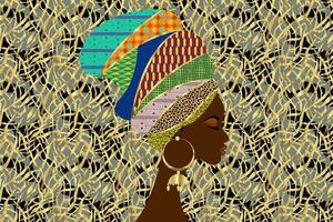 Porträt schön afrikanisch Frau im traditionell Turban Stammes- Motive, kente Kopf wickeln, afrikanisch traditionell schwarz Frauen Vektor Silhouette isoliert mit Gold Ohrringe, Mode Frisur Schönheit Konzept