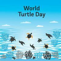 Welt Schildkröte Tag. Schildkröte schwimmt im das Ozean gegen. Vektor Illustration.