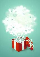 Lycklig valentine s dag hälsning kort - kärlek dag vektor kort eller affisch med röd gåva låda och cupids i de moln. vektor illustration.