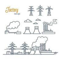 Energie Pflanze oder industriell Fabrik Symbole Satz. verschiedene Elektrizität Pflanze Gebäude, und Getriebe Türme. Gliederung Stil Vektor Illustration auf Weiß Hintergrund.