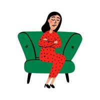 en ledsen ung kvinna på de soffa. trött och upprörd person i påfrestning på psykologi samråd. klotter stil platt vektor illustration.