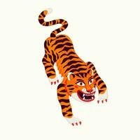 tiger vektor illustration, tecknad serie tiger prowling på vit bakgrund. organisk platt stil vektor illustration