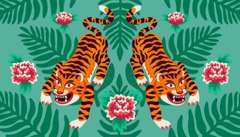 asiatisch Tiger symmetrisch Komposition, Vektor Tiger, und Palme Blätter und Blumen im Karikatur asiatisch Stil. organisch eben Stil Vektor Illustration.