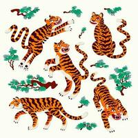Tiger Vektor Satz, Tiger im verschiedene posiert und japanisch Kiefer Geäst im Karikatur asiatisch Stil. organisch eben Stil Vektor Illustration.