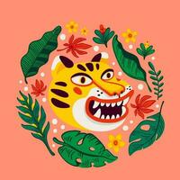 Tiger Vektor Kopf, Karikatur Tiger komisch Gesicht im tropisch Blumen und Blätter Kranz rahmen. organisch eben Stil Vektor Illustration.