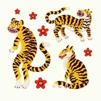 Tiger Vektor Satz, Tiger im verschiedene posiert und japanisch Kirsche blühen im Karikatur asiatisch Stil. organisch eben Stil Vektor Illustration.