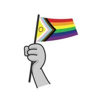 Hand halten lgbt Regenbogen Flagge. Karikatur Arm Gekritzel halten Stolz Symbol. Geschlecht Vielfalt Darstellung. vektor