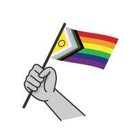 Hand halten lgbt Regenbogen Flagge. Karikatur Arm Gekritzel halten Stolz Symbol. Geschlecht Vielfalt Darstellung. vektor