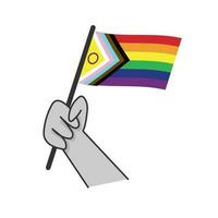 Hand halten lgbt Regenbogen Flagge. Karikatur Arm Gekritzel halten Stolz Symbol. Geschlecht Vielfalt Darstellung. vektor