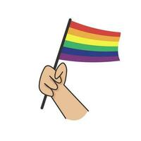 Hand halten lgbt Regenbogen Flagge. Karikatur Arm Gekritzel halten Stolz Symbol. Geschlecht Vielfalt Darstellung. vektor