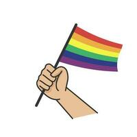 Hand halten lgbt Regenbogen Flagge. Karikatur Arm Gekritzel halten Stolz Symbol. Geschlecht Vielfalt Darstellung. vektor