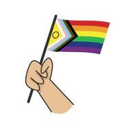 Hand halten lgbt Regenbogen Flagge. Karikatur Arm Gekritzel halten Stolz Symbol. Geschlecht Vielfalt Darstellung. vektor