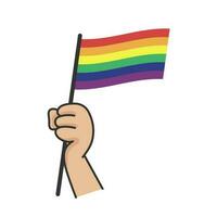 Hand halten lgbt Regenbogen Flagge. Karikatur Arm Gekritzel halten Stolz Symbol. Geschlecht Vielfalt Darstellung. vektor