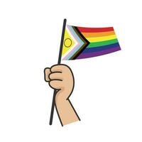 Hand halten lgbt Regenbogen Flagge. Karikatur Arm Gekritzel halten Stolz Symbol. Geschlecht Vielfalt Darstellung. vektor