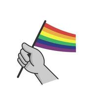 Hand halten lgbt Regenbogen Flagge. Karikatur Arm Gekritzel halten Stolz Symbol. Geschlecht Vielfalt Darstellung. vektor