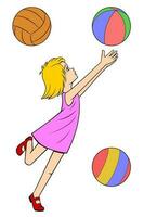 liten tecknad serie flicka spelar med boll. tre annorlunda bollar är ingår. vektor ClipArt.