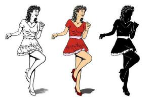 dans kvinna karaktär. flicka i de röd klänning dans. översikt, Färg och silhuett cliparts isolerat på vit. vektor